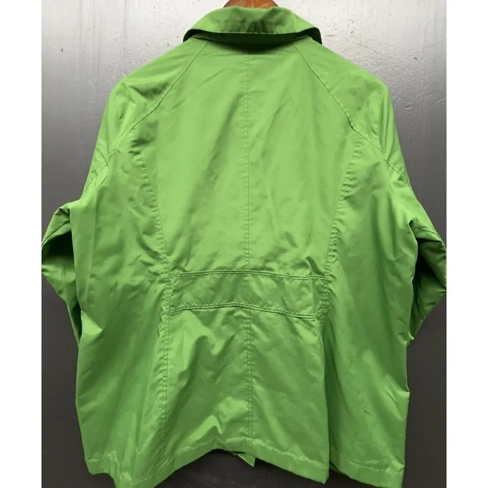 Lands End Rain Coat Women L Green Lined Zip Button Pockets Hiking Outdoor Jacket